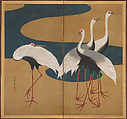 Cranes, Suzuki Kiitsu (Japanese, 1796–1858), Four painted sliding-door panels (fusuma-e) remounted as a pair of two-panel folding screens; ink, color, and gold-painted ground on paper, Japan
